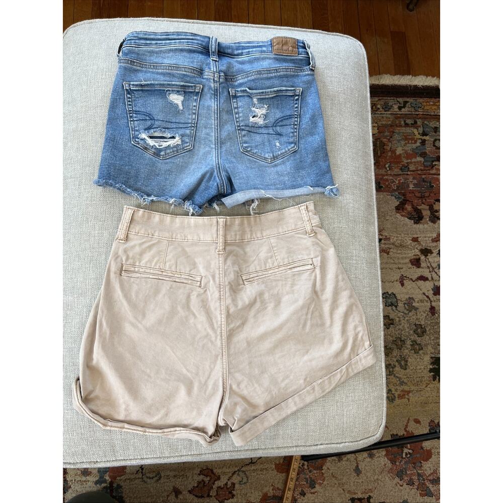 American Eagle Sz 4 Shorts Hi-Rise Shortie Distress Denim Khaki LOT of 2 Pairs - Picture 4 of 14